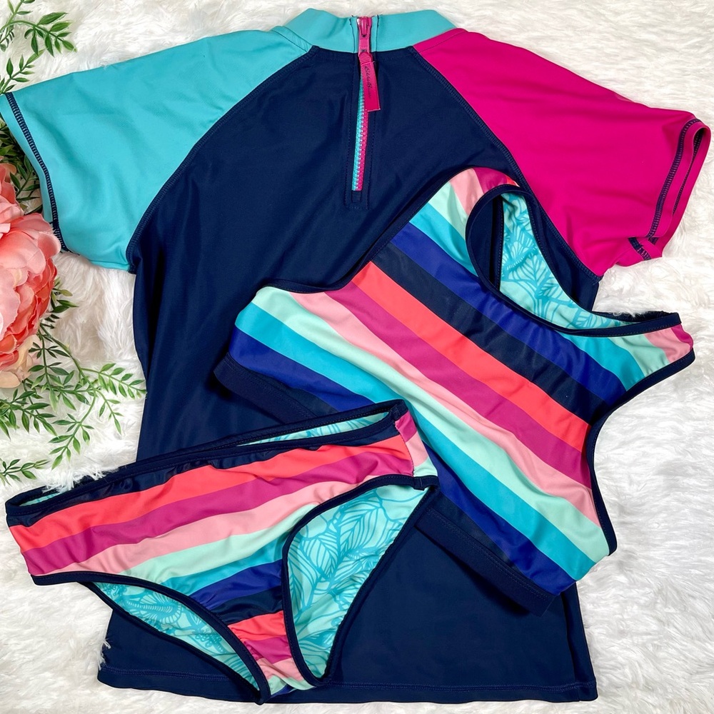 Eddie Bauer 3 Piece Set Reversible Girls Swimsuit Tankini Bakini Rash Guard Sz L